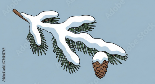 Winter snow covered pine tree branch with pinecone christmas holiday season nature scene illustration