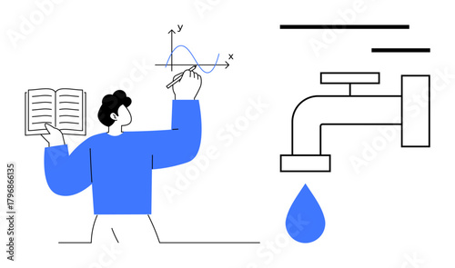 Person holding an open book while sketching a graph, next to a water faucet dripping a blue drop. Ideal for education, science, learning, sustainability, conservation, data analysis, engineering