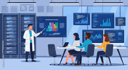 Illustrative data science team meeting reviewing complex datasets analytics insights