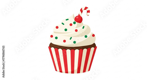 Delicious christmas cupcake with candy cane vector illustration for holiday baking and sweet treat designs