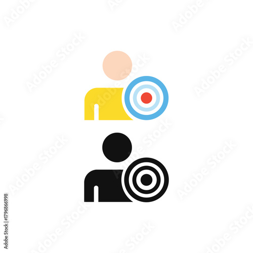 Customer target flat icon showing a person with a colorful target symbol, ideal for marketing strategy, user focus, audience analysis, customer segmentation, branding, and business planning.