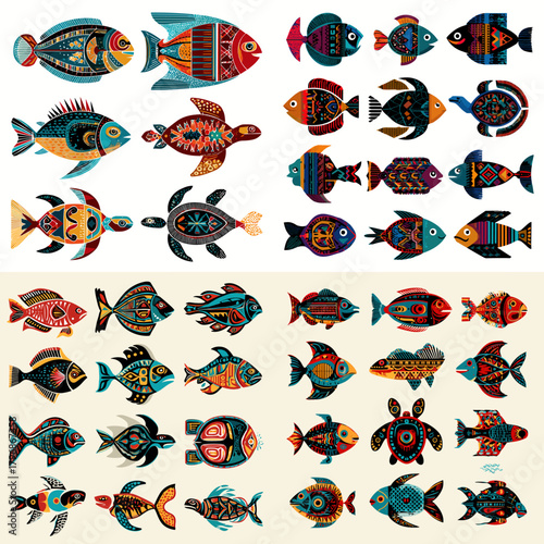 Vibrant tribal fish and sea creatures illustrated with bold ethnic patterns and colorful motifs. Perfect for marine artwork, folklore themes, decorative crafts, and cultural designs.