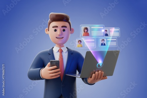 Businessman managing contacts and social network on his devices