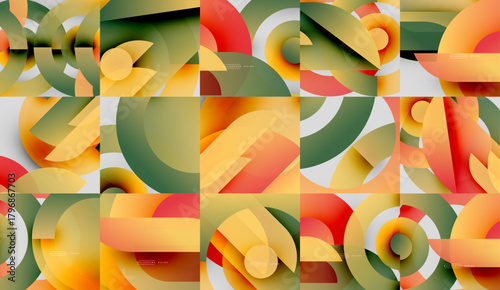 Abstract geometric patterns, overlapping circles, warm colors dominate composition. Soft gradients create depth, modern design aesthetic.