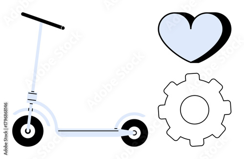 Electric scooter next to heart and gear highlights eco-friendliness, innovation, and mobility. Ideal for sustainable transport, engineering, urban life, energy efficiency, modern lifestyle, active