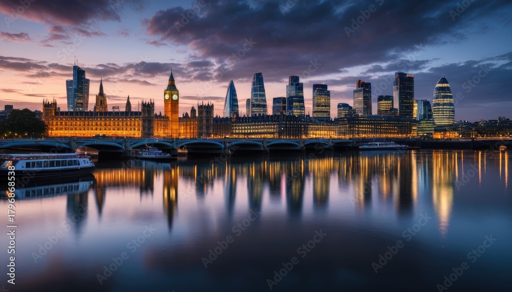 Obraz premium London Skyline at Dusk: Houses of Parliament, Big Ben, Thames River Reflection - A Stunning UK Cityscape Photography