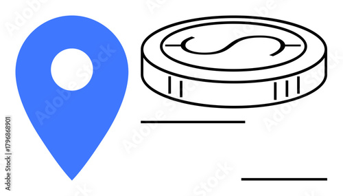 Blue location marker alongside an outlined coin highlighting location-based services, financial operations, map navigation, business strategies, cost evaluation, investment tracking, and digital
