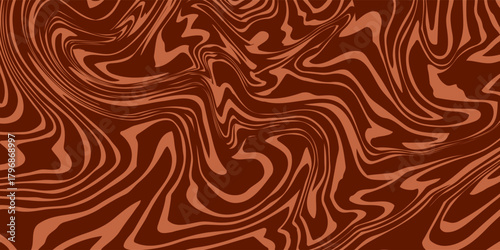 Retro coffee color background. Milk chocolate liquid dessert texture. Wavy swirl candy pattern for poster, cover, banner, pamphlet. Vintage brown trippy hippie wallpaper in 60s or 70s style. Vector