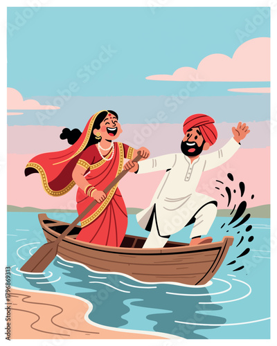 Joyful indian couple on a boat adventure, paddling near a tranquil shore