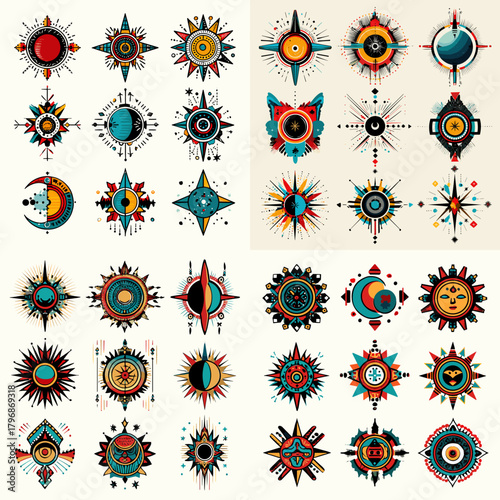 Tribal sun and moon symbols with celestial geometric motifs in vibrant colors. Ideal for spiritual artwork, cosmic themes, folklore illustrations, and decorative ethnic designs.