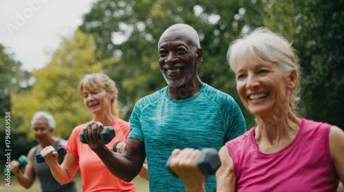 Group of Active Seniors Exercising Outdoors with Dumbbells, Enjoying a Healthy and Social Lifestyle