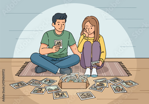 A young couple sits on a rug looking at old photographs, the woman appearing sad while the man comforts her.