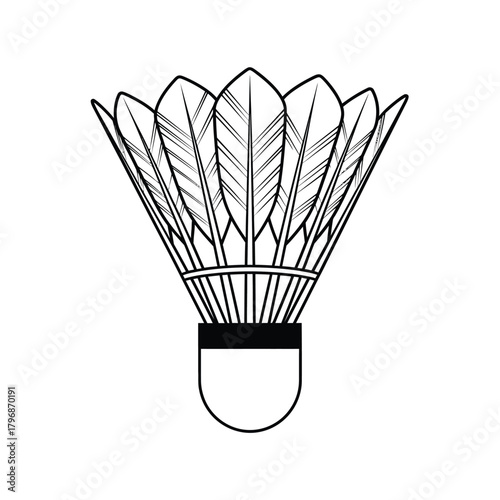 Badminton shuttlecock line art illustration, a classic piece of sports equipment with feather detail, perfect for game graphics, athletic themes, and recreational designs.