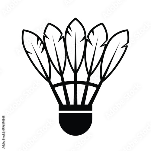 Stylized vector outline illustration of a classic badminton shuttlecock, featuring its distinctive feathered top and solid base, ideal for sports iconography and athletic game designs.