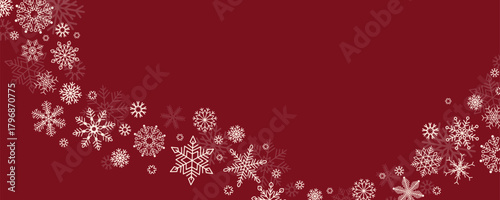 Rectangular festive winter background with elegant snowflakes garland on red. Flat vector illustration. Winter holidays theme. Modern banner with copy space