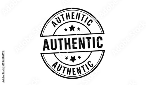 Authentic grunge rubber stamp, circular distressed design, 'authentic' text at center, repeated text, stars, signifying genuine quality, originality, official verification, and trust, isolated.