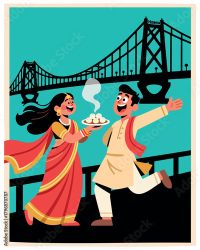 Joyful indian couple with traditional sweets in front of howrah bridge