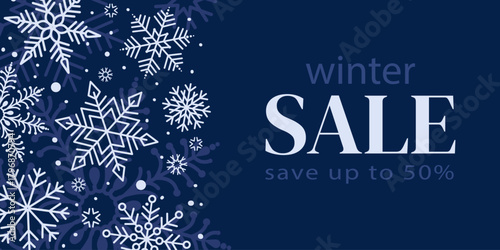 Advertising poster decorated white various snowflakes on blue background and typography for winter sale. Flat vector illustration.
