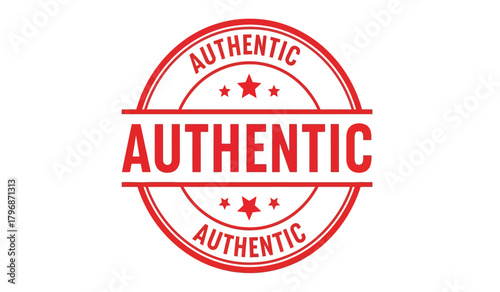 Authentic" grunge rubber stamp symbol in red, circular design with stars, conveying genuineness, originality, quality assurance, verified status, and certified trust.