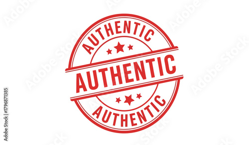 Authentic red rubber stamp or seal icon for genuine product quality assurance and trusted certification, indicating original, verified, and reliable status, isolated on white