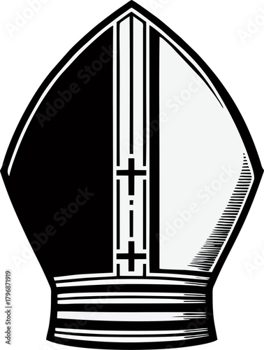 Split Black and White Bishop Mitre Hat Vector, Minimalist Clergy Headwear with Cross Symbol