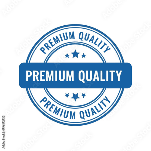 Premium quality blue circular stamp or seal with three stars, signifying top-tier product excellence, guaranteed high standards, superior craftsmanship, and customer satisfaction badge design element.