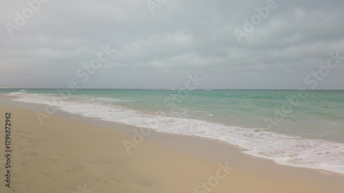 Atlantic Ocean waves breaking on the shoreline of the Cape Verde island of Boa Vista.
