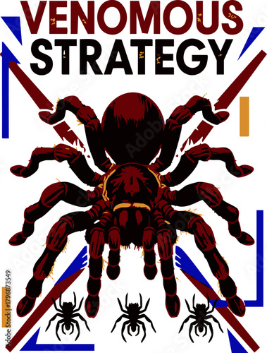 Illustration of a large spider with smaller spiders and the words venomous strategy above it