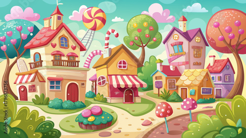 Very beautiful whimsical watercolor illustration of a cute little town featuring a cheerful candy shop, a cozy farm shop, colorful houses, blooming flowers, and friendly trees, painted in a playful ch
