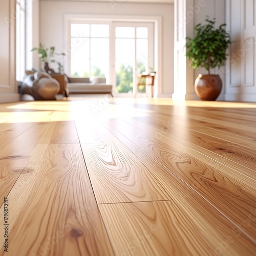 Close-up of wooden floor in a sunlit room, with plants and furniture