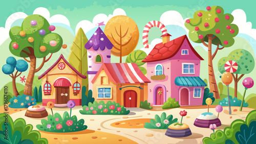 Very beautiful whimsical watercolor illustration of a cute little town featuring a cheerful candy shop, a cozy farm shop, colorful houses, blooming flowers, and friendly trees, painted in a playful 