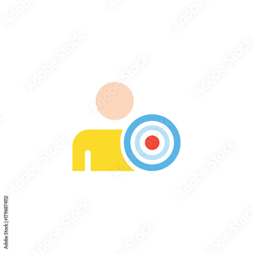 Customer target flat icon showing a person with a colorful target symbol, ideal for marketing strategy, user focus, audience analysis, customer segmentation, branding, and business planning.