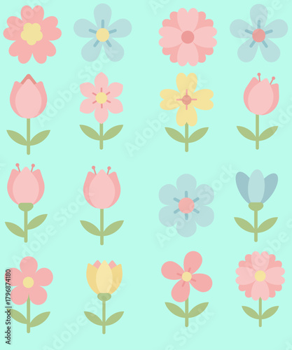 Cute Pastel Floral Icon Set, Flat Vector Collection