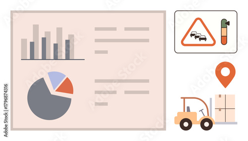 Data charts with bar and pie graphs, forklift with packages, warning sign for congestion and temperature, location marker. Ideal for supply chain, warehouse management, transportation, analysis