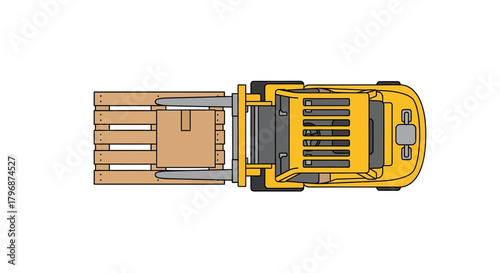 Aerial view illustration of a forklift truck moving a cargo pallet with cardboard boxes. Concept of warehouse operations, shipping, and distribution
