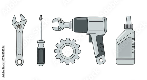Illustrated collection of essential garage equipment and mechanic's tools for vehicle maintenance and repair service concepts