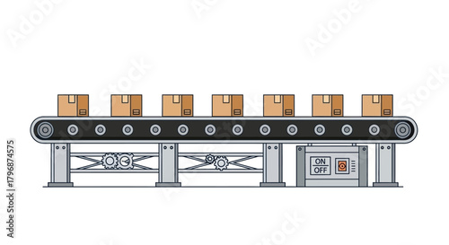 Industrial conveyor belt with cardboard boxes illustrating an automated factory production line and warehouse distribution system