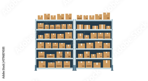 A flat vector illustration of organized warehouse shelving filled with cardboard boxes, representing inventory management and logistics