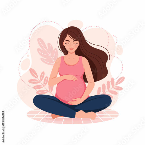 Calm Pregnant Woman Sitting and Holding Belly. Maternity Wellness and Prenatal Care Vector Illustration.