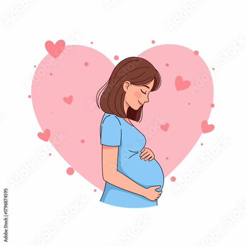 Happy Pregnant Woman Holding Belly. Motherhood and Expecting Love Illustration.