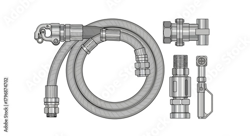 A detailed technical illustration of a flexible industrial hose assembly with a set of interchangeable metal pipe connectors, couplings, and valve fittings for fluid systems