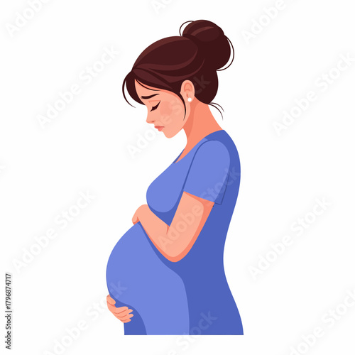 Sad Pregnant Woman Holding Belly. Vector Illustration of Maternal Anxiety and Prenatal Depression.