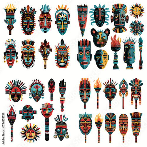 Vibrant tribal masks featuring bold shapes, ritual motifs, and ethnic patterns. Ideal for cultural events, folklore designs, festival graphics, and traditional artwork.