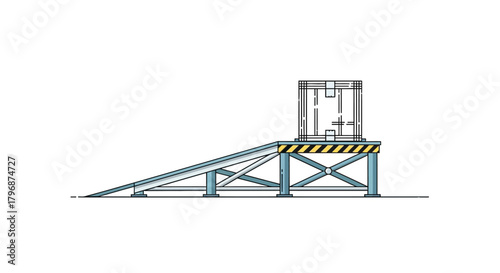 Side view technical drawing of an industrial loading ramp with a steel support structure and an elevated platform