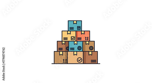 Vector illustration of a large pile of stacked cardboard shipping boxes and parcels ready for delivery, moving, or warehouse storage