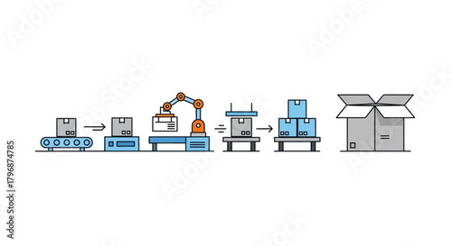 Modern industrial automation concept illustrating a robotic arm on a production line for warehouse packaging and palletizing