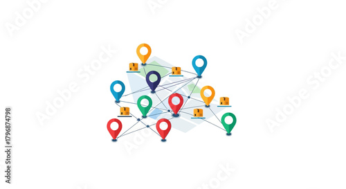 Conceptual graphic of a logistics network with colorful location pins connected on a map, illustrating a distribution system and delivery routes