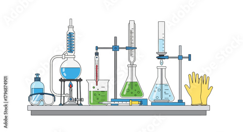 A detailed vector illustration of a chemistry laboratory bench setup for scientific research, experimentation, and discovery