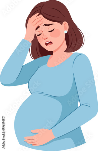 Pregnant woman suffering from headache or discomfort. Maternity symptom illustration of nausea, pain, or sickness.