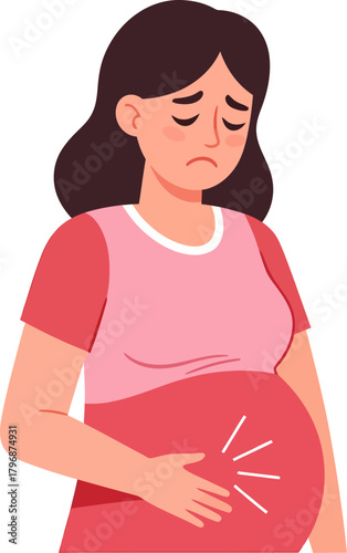 Sad Pregnant Woman Suffering from Abdominal Pain, Cramps, or Contractions. Prenatal Discomfort and Distress Vector Illustration.